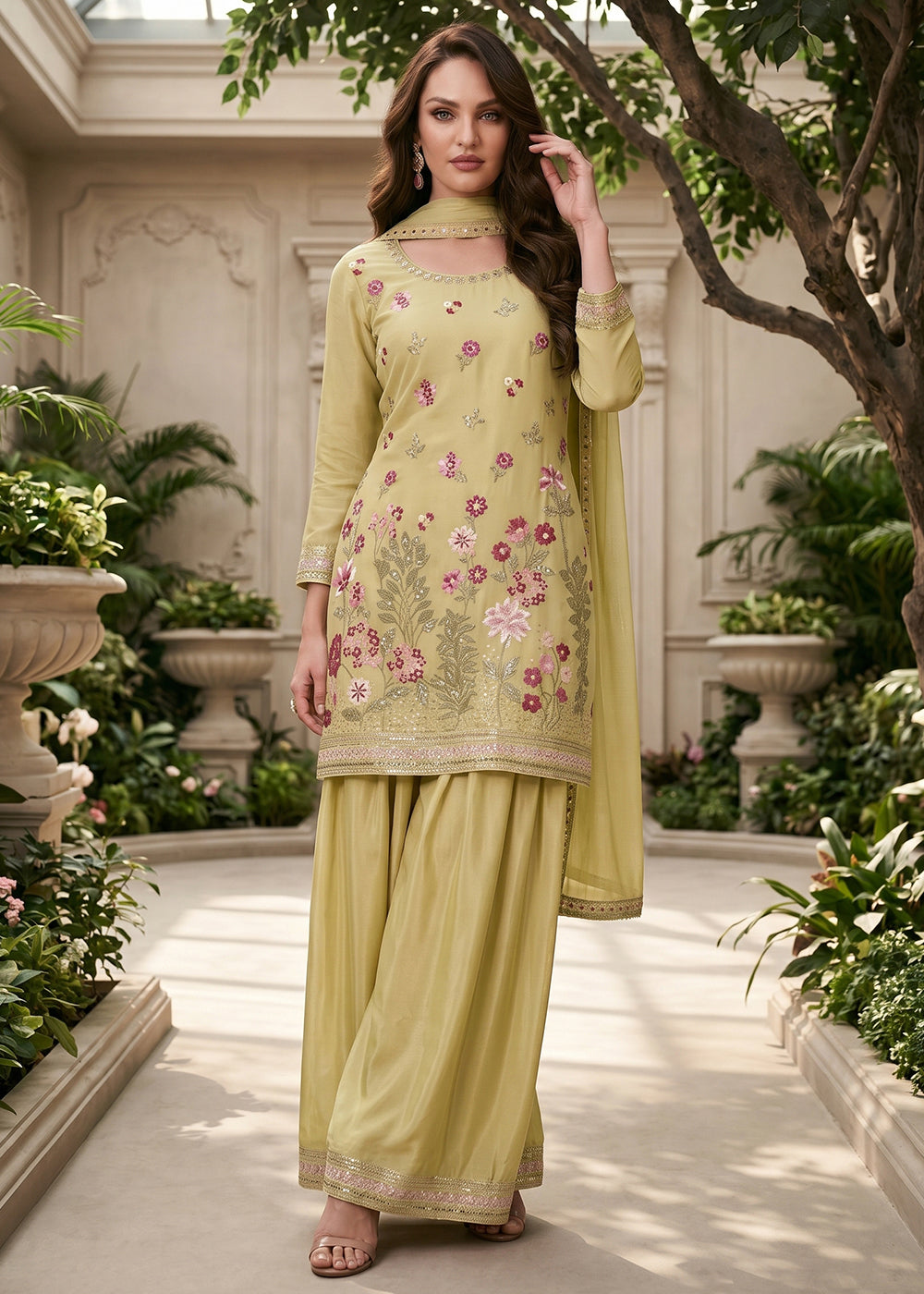 Buy Now Lemon Yellow Multi Threads & Sequins Palazzo Style Suit Online in US, UK, Canada, Netherlands, Germany, Italy, France, UAE & Worldwide at Empress.