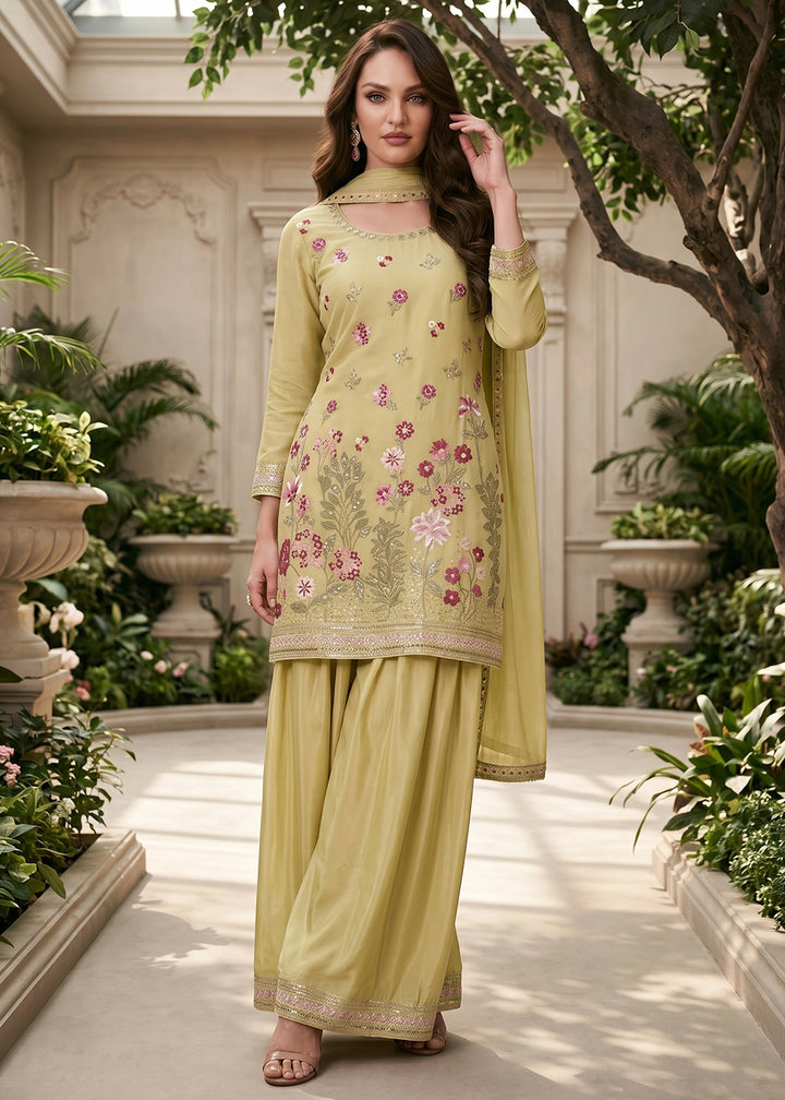 Buy Now Lemon Yellow Multi Threads &amp; Sequins Palazzo Style Suit Online in US, UK, Canada, Netherlands, Germany, Italy, France, UAE &amp; Worldwide at Empress.