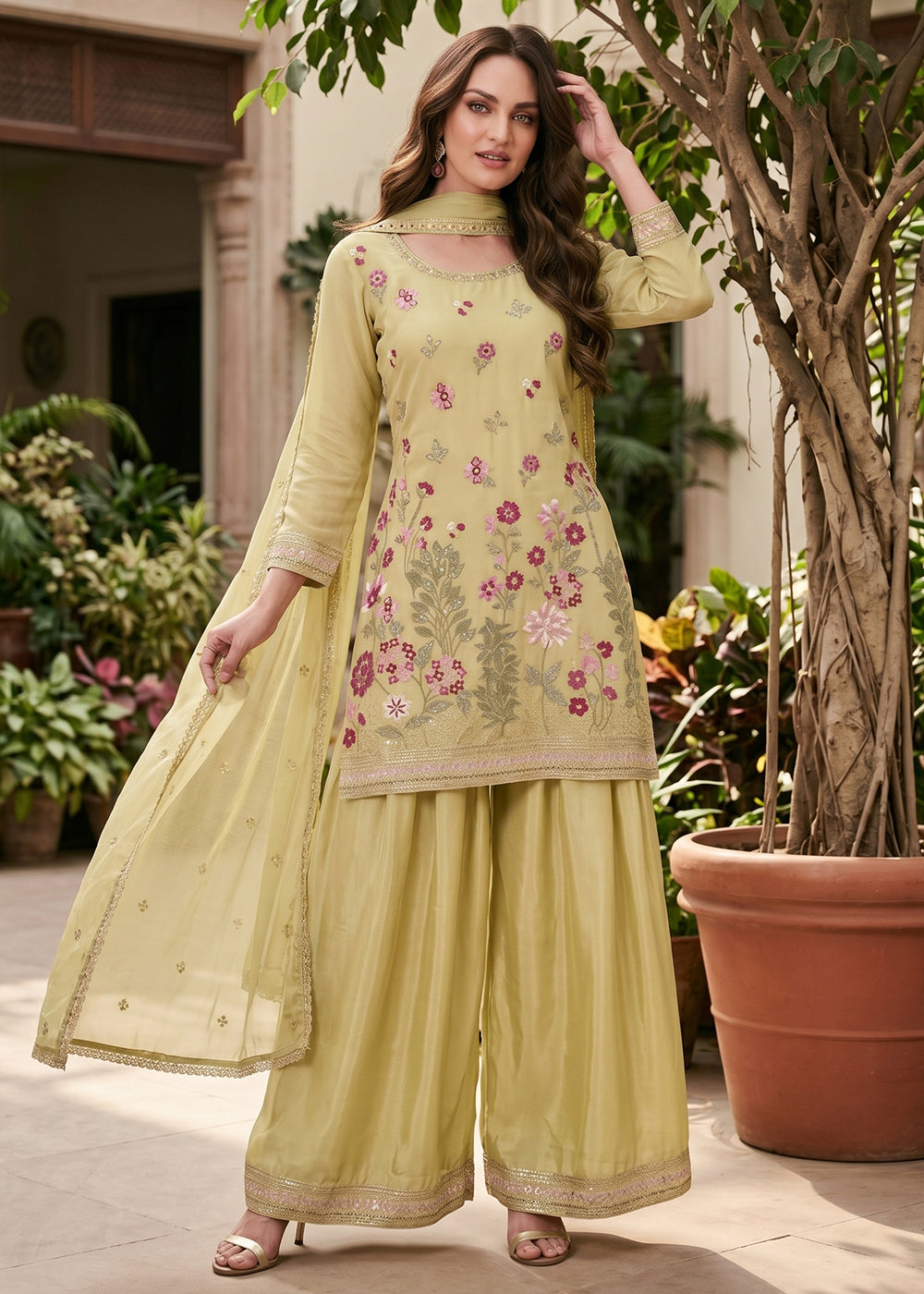 Buy Now Lemon Yellow Multi Threads &amp; Sequins Palazzo Style Suit Online in US, UK, Canada, Netherlands, Germany, Italy, France, UAE &amp; Worldwide at Empress.