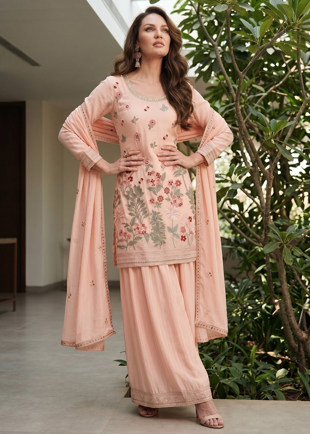 Buy Now Blush Peach Multi Threads & Sequins Palazzo Style Suit Online in US, UK, Canada, Netherlands, Germany, Italy, France, UAE & Worldwide at Empress.