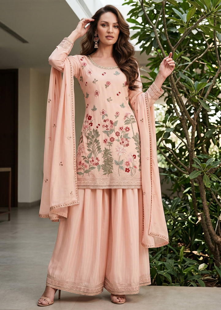 Buy Now Blush Peach Multi Threads &amp; Sequins Palazzo Style Suit Online in US, UK, Canada, Netherlands, Germany, Italy, France, UAE &amp; Worldwide at Empress.