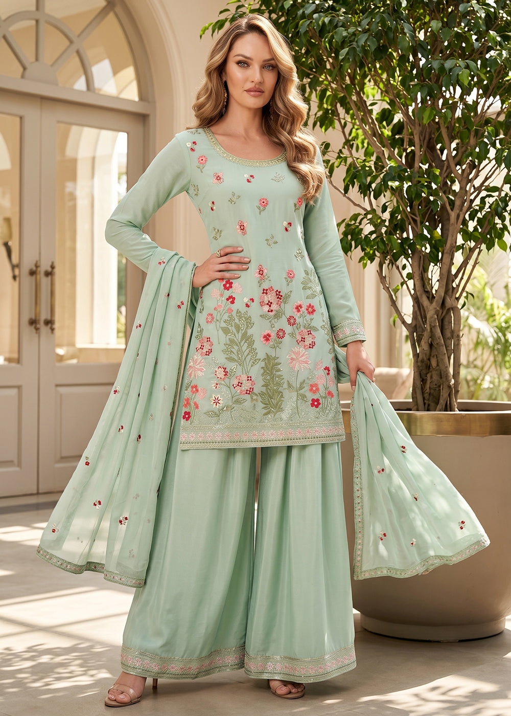 Buy Now Mint Green Multi Threads & Sequins Palazzo Style Suit Online in US, UK, Canada, Netherlands, Germany, Italy, France, UAE & Worldwide at Empress.