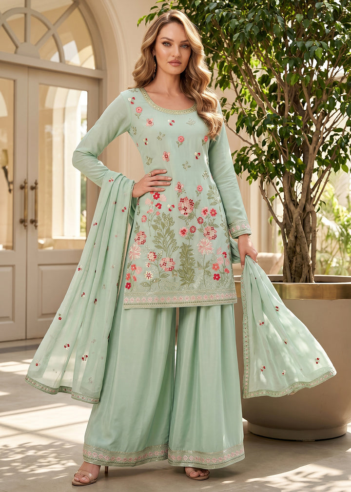 Buy Now Mint Green Multi Threads &amp; Sequins Palazzo Style Suit Online in US, UK, Canada, Netherlands, Germany, Italy, France, UAE &amp; Worldwide at Empress.