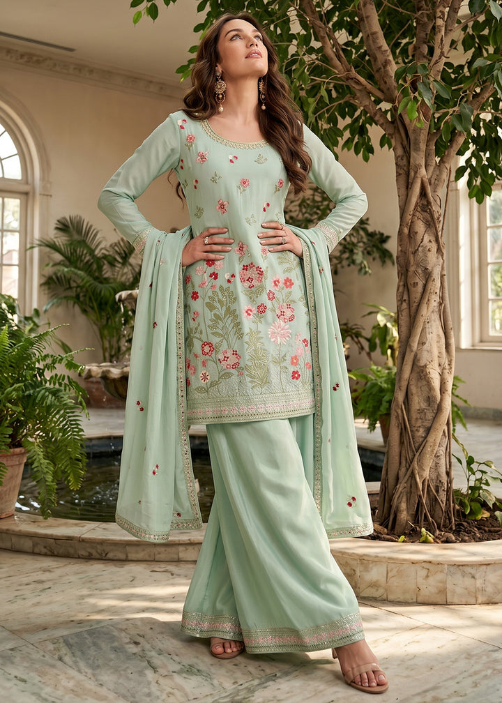 Buy Now Mint Green Multi Threads &amp; Sequins Palazzo Style Suit Online in US, UK, Canada, Netherlands, Germany, Italy, France, UAE &amp; Worldwide at Empress.