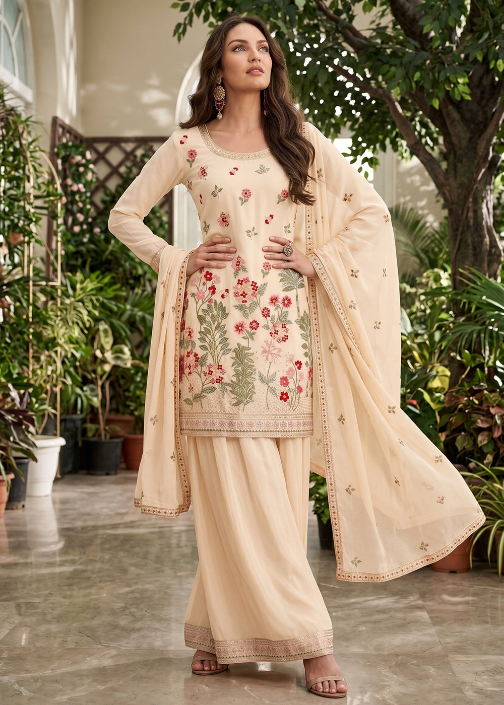 Buy Now Ivory Cream Multi Threads & Sequins Palazzo Style Suit Online in US, UK, Canada, Netherlands, Germany, Italy, France, UAE & Worldwide at Empress.