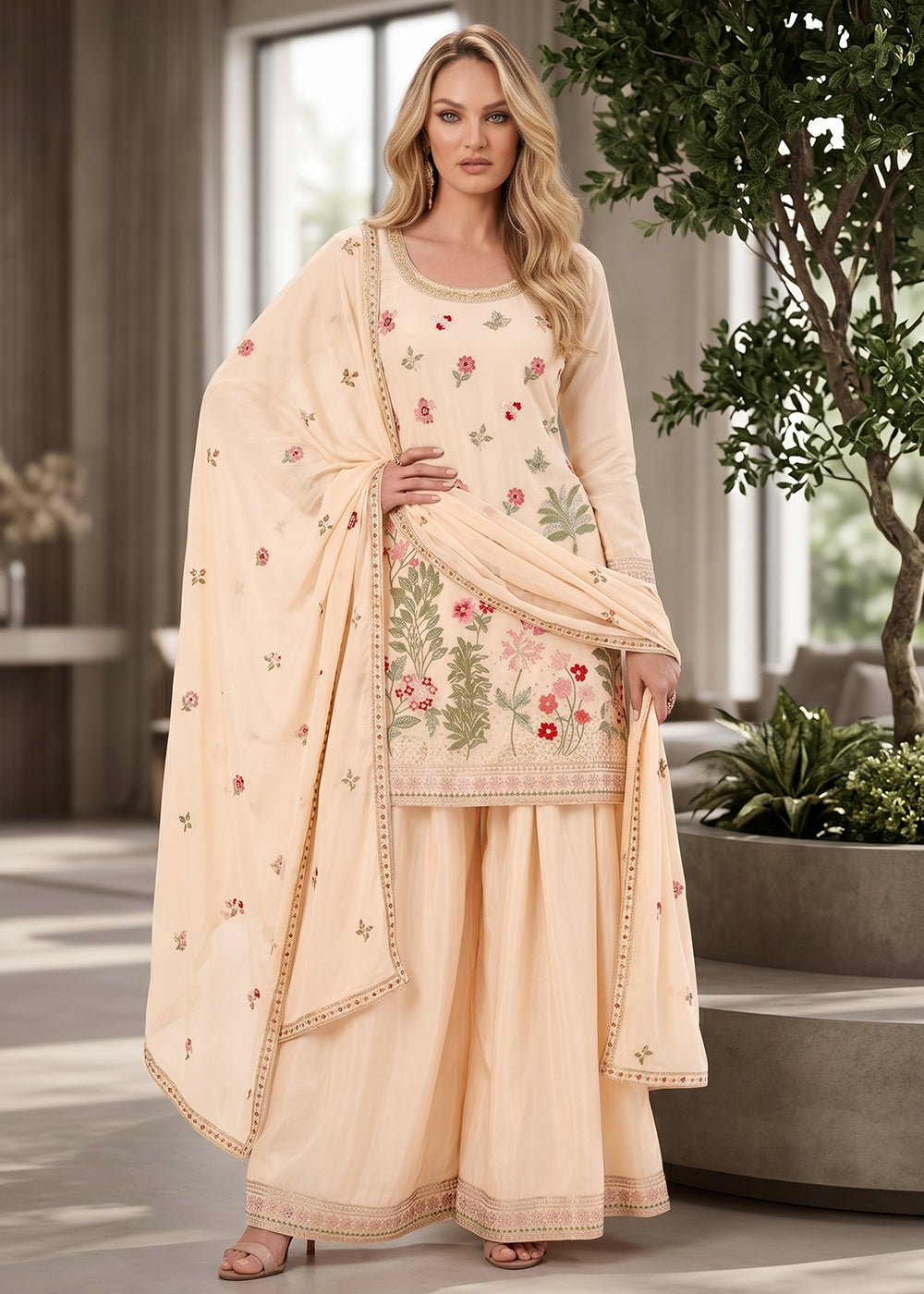 Buy Now Ivory Cream Multi Threads &amp; Sequins Palazzo Style Suit Online in US, UK, Canada, Netherlands, Germany, Italy, France, UAE &amp; Worldwide at Empress.