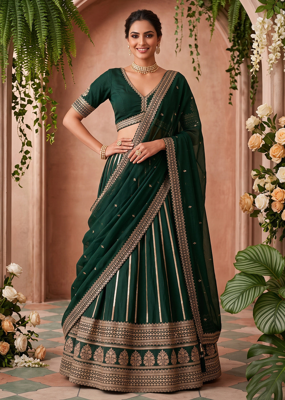 Buy Now Green Premium Silk Embroidered Festive Lehenga Choli Online in US, UK, Canada, France, Italy, Germany, Sweden, UAE, Switzerland & Worldwide at Empress.