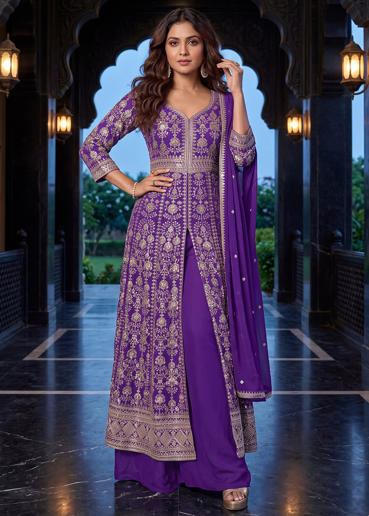Buy Now Purple Slit Anarkali Style Wedding Palazzo Suit Online in US, UK, Canada, Germany, Italy, France, Greece, Australia, Austria &amp; Worldwide at Empress.