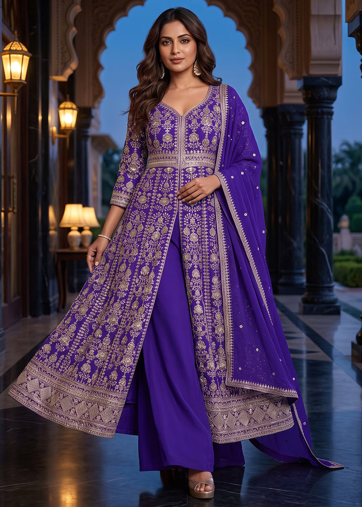 Buy Now Purple Slit Anarkali Style Wedding Palazzo Suit Online in US, UK, Canada, Germany, Italy, France, Greece, Australia, Austria &amp; Worldwide at Empress.