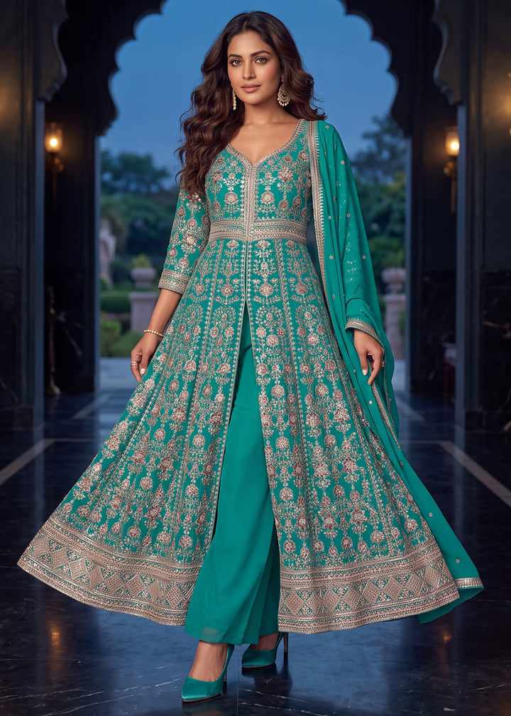 Buy Now Turquoise Slit Anarkali Style Wedding Palazzo Suit Online in US, UK, Canada, Germany, Italy, France, Greece, Australia, Austria &amp; Worldwide at Empress.