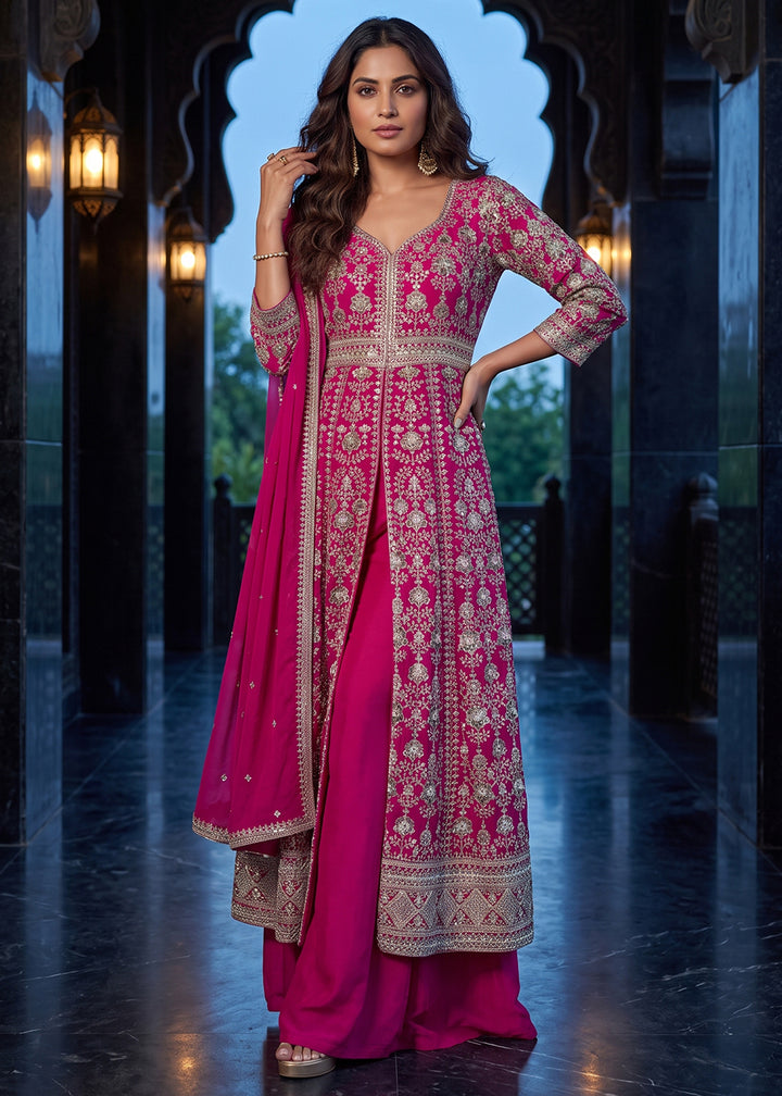 Buy Now Hot Pink Slit Anarkali Style Wedding Palazzo Suit Online in US, UK, Canada, Germany, Italy, France, Greece, Australia, Austria &amp; Worldwide at Empress.