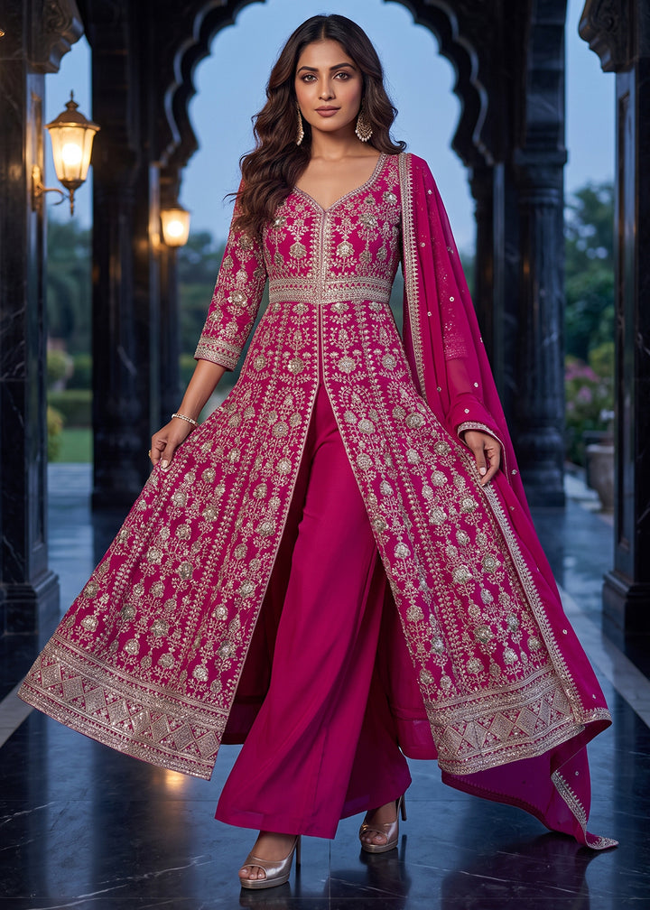 Buy Now Hot Pink Slit Anarkali Style Wedding Palazzo Suit Online in US, UK, Canada, Germany, Italy, France, Greece, Australia, Austria &amp; Worldwide at Empress.