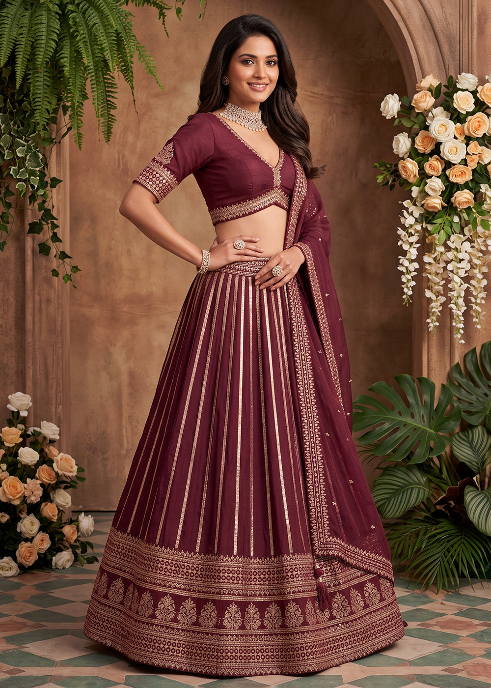 Buy Now Wine Premium Silk Embroidered Festive Lehenga Choli Online in US, UK, Canada, France, Italy, Germany, Sweden, UAE, Switzerland & Worldwide at Empress.