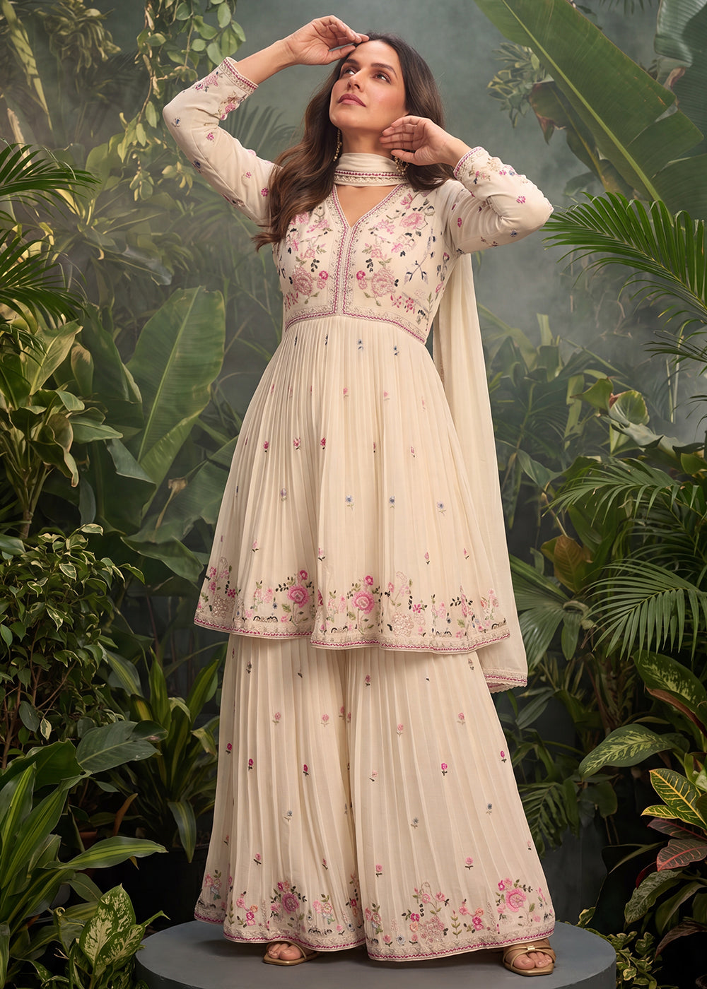 Buy Now Cream Tunic Style Embroidered Palazzo Style Suit Online in US, UK, Canada, Netherlands, Germany, Italy, France, Greece, UAE & Worldwide at Empress.