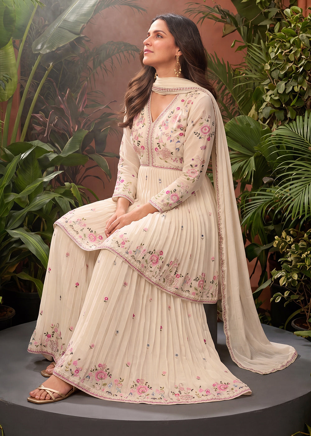 Buy Now Cream Tunic Style Embroidered Palazzo Style Suit Online in US, UK, Canada, Netherlands, Germany, Italy, France, Greece, UAE &amp; Worldwide at Empress.