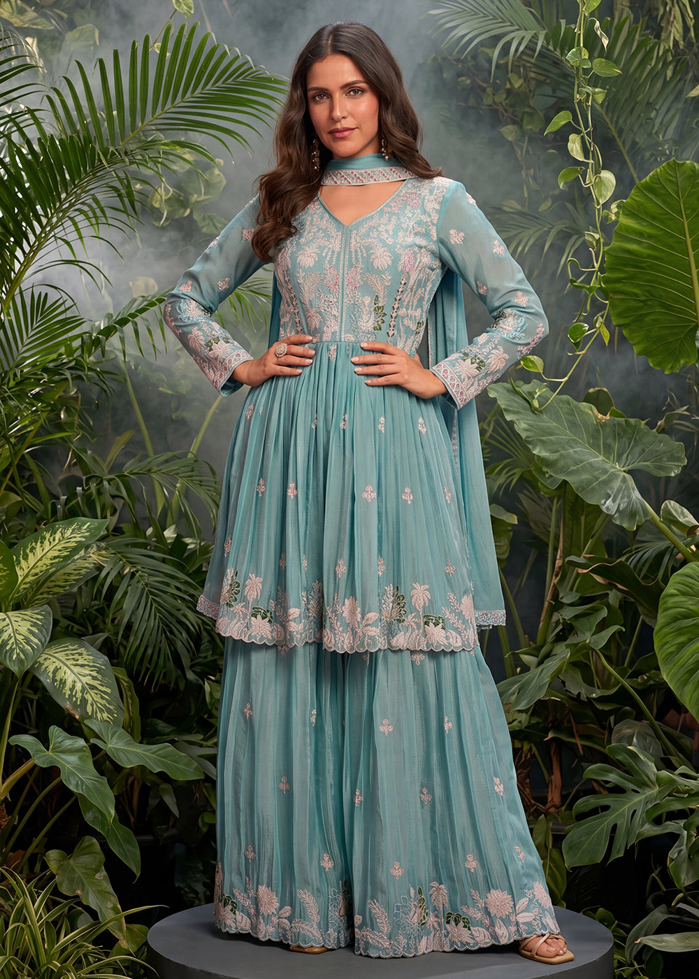 Buy Now Teal Tunic Style Embroidered Palazzo Style Suit Online in US, UK, Canada, Netherlands, Germany, Italy, France, Greece, UAE & Worldwide at Empress.