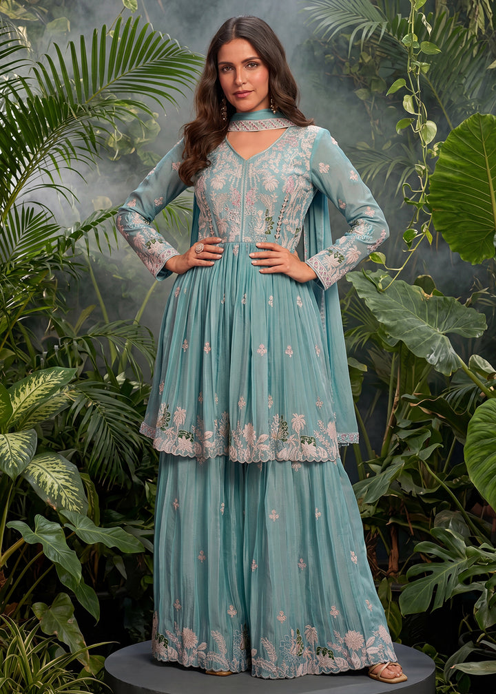 Buy Now Teal Tunic Style Embroidered Palazzo Style Suit Online in US, UK, Canada, Netherlands, Germany, Italy, France, Greece, UAE &amp; Worldwide at Empress.