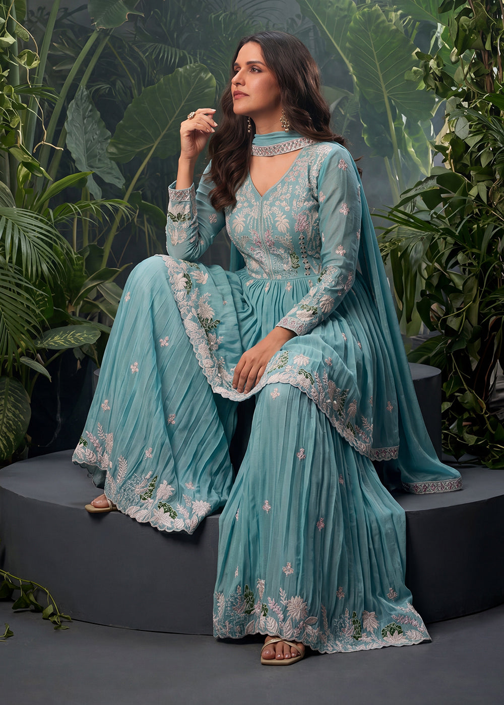 Buy Now Teal Tunic Style Embroidered Palazzo Style Suit Online in US, UK, Canada, Netherlands, Germany, Italy, France, Greece, UAE & Worldwide at Empress.