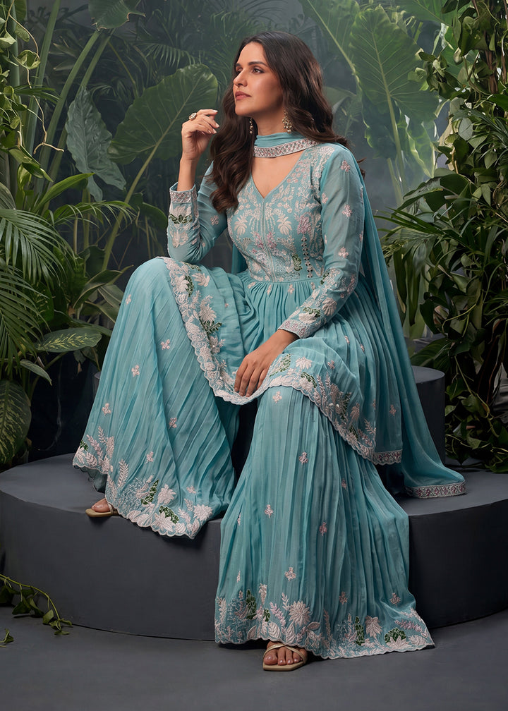 Buy Now Teal Tunic Style Embroidered Palazzo Style Suit Online in US, UK, Canada, Netherlands, Germany, Italy, France, Greece, UAE &amp; Worldwide at Empress.