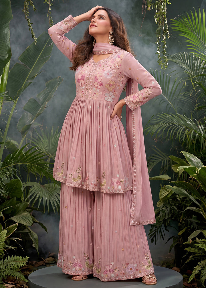 Buy Now Pink Tunic Style Embroidered Palazzo Style Suit Online in US, UK, Canada, Netherlands, Germany, Italy, France, Greece, UAE &amp; Worldwide at Empress.