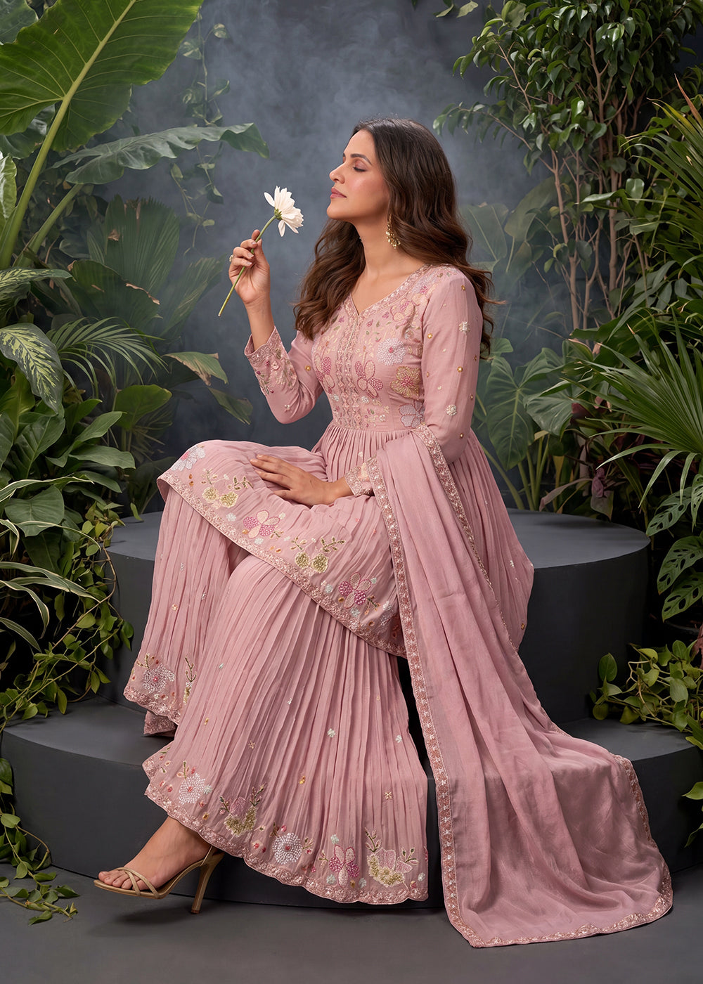 Buy Now Pink Tunic Style Embroidered Palazzo Style Suit Online in US, UK, Canada, Netherlands, Germany, Italy, France, Greece, UAE & Worldwide at Empress.