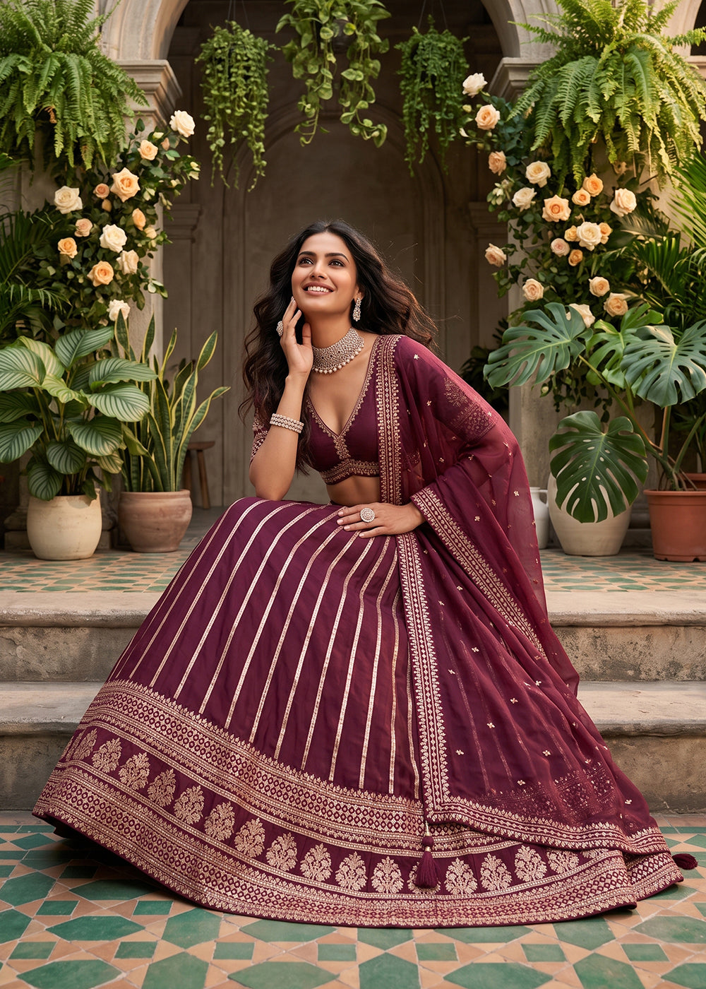 Buy Now Wine Premium Silk Embroidered Festive Lehenga Choli Online in US, UK, Canada, France, Italy, Germany, Sweden, UAE, Switzerland &amp; Worldwide at Empress.