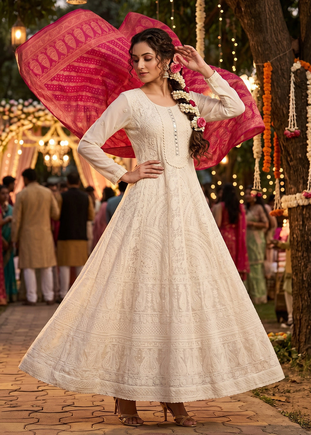 Buy NowOff White Beautiful Chikankari Embroidered Anarkali Gown Online in US, UK, Canada, France, Italy, Sweden, Ireland, Denmark, UAE & Worldwide at Empress.