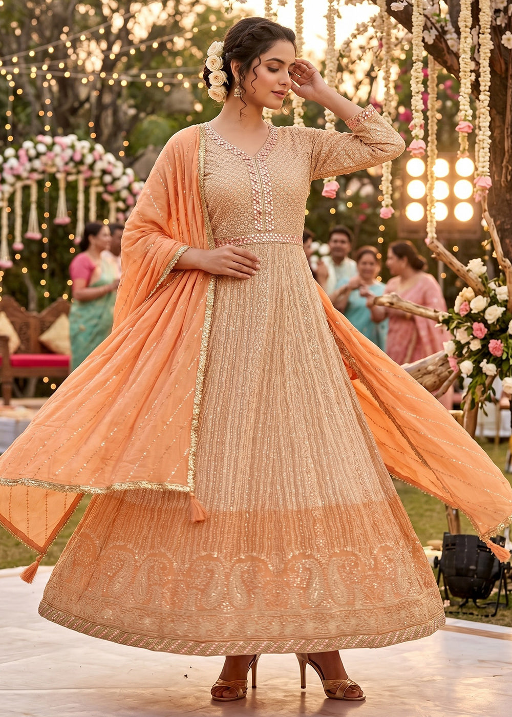 Buy Now Peach Beautiful Chikankari Embroidered Anarkali Gown Online in US, UK, Canada, France, Italy, Sweden, Ireland, Denmark, UAE & Worldwide at Empress.