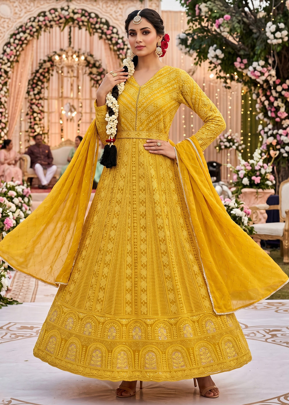 Buy Now Yellow Beautiful Chikankari Embroidered Anarkali Gown Online in US, UK, Canada, France, Italy, Sweden, Ireland, Denmark, UAE & Worldwide at Empress.