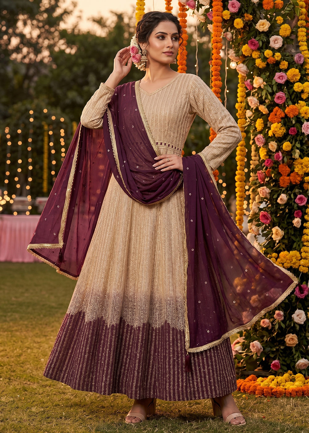 Buy Now Beige & Wine Beautiful Chikankari Embroidered Anarkali Gown Online in US, UK, Canada, France, Italy, Sweden, Ireland, Denmark, UAE & Worldwide at Empress.