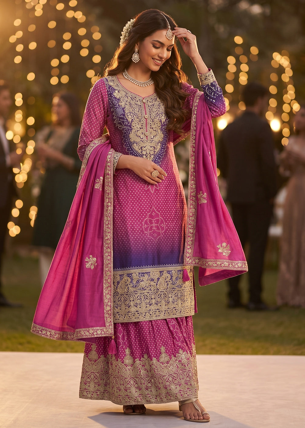 Buy Now Pink & Purple Premium Chinnon Silk Festive Palazzo Suit Online in US, UK, Canada, Netherlands, Germany, Italy, France, Sweden & Worldwide at Empress.