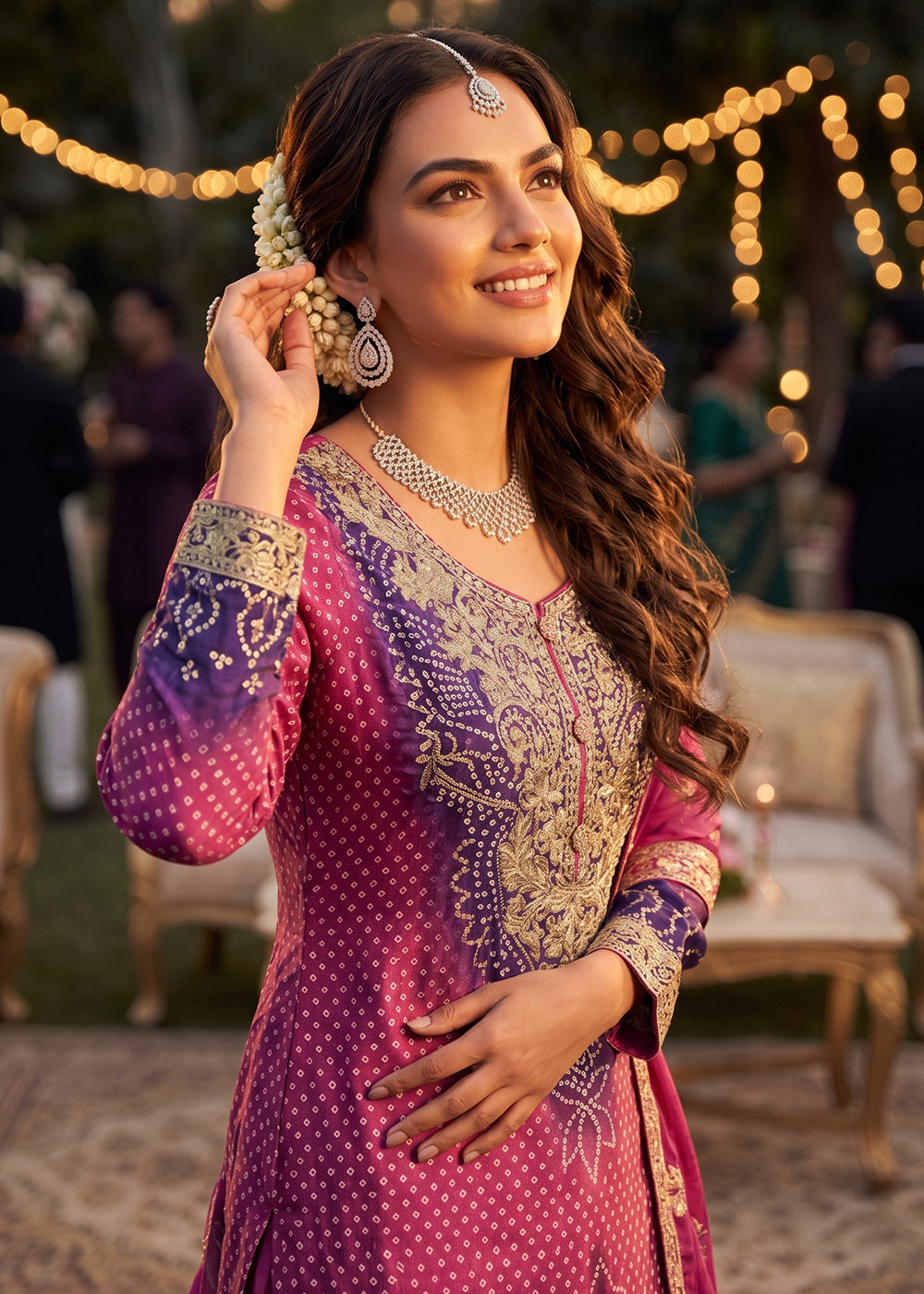 Buy Now Pink & Purple Premium Chinnon Silk Festive Palazzo Suit Online in US, UK, Canada, Netherlands, Germany, Italy, France, Sweden & Worldwide at Empress.