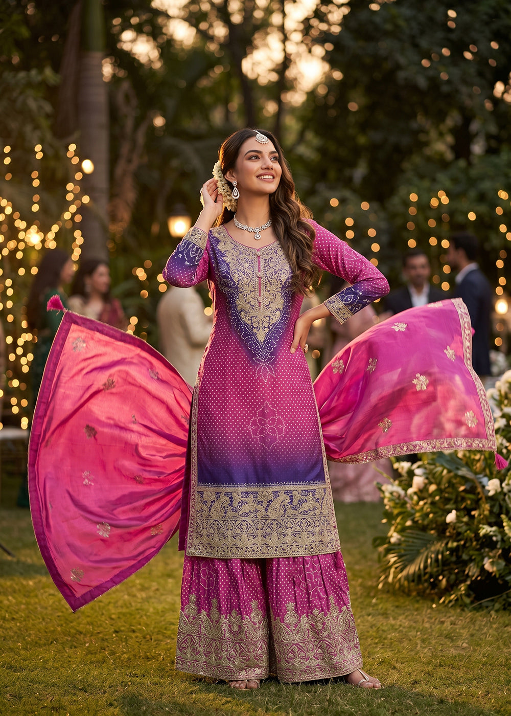 Buy Now Pink & Purple Premium Chinnon Silk Festive Palazzo Suit Online in US, UK, Canada, Netherlands, Germany, Italy, France, Sweden & Worldwide at Empress.