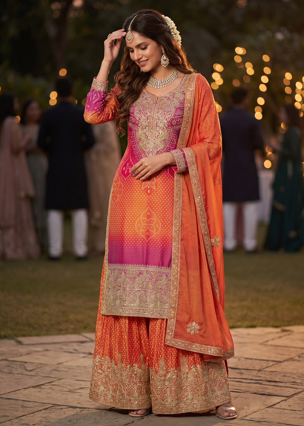 Buy Now Pink & Orange Premium Chinnon Silk Festive Palazzo Suit Online in US, UK, Canada, Netherlands, Germany, Italy, France, Sweden & Worldwide at Empress.