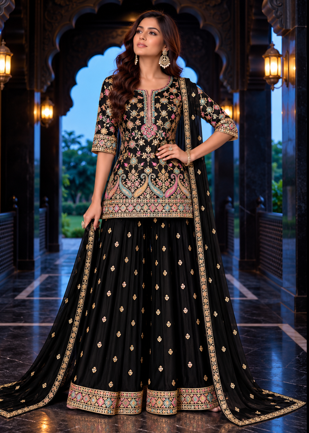 Buy Now Black Multicolor Embroidery Wedding Festive Palazzo Dress Online in US, UK, Canada, Netherlands, Germany, Italy, France, Greece & Worldwide at Empress.