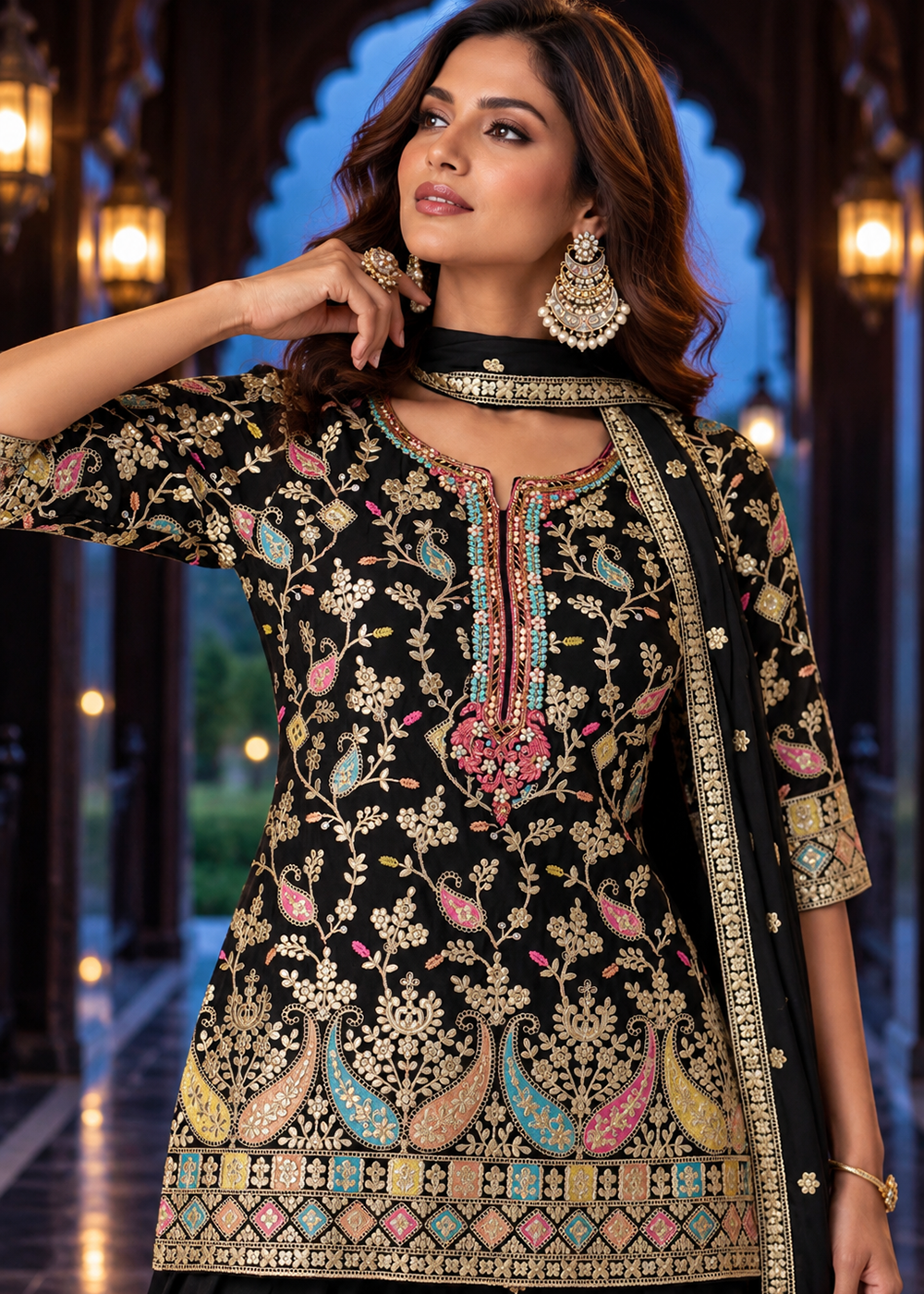 Buy Now Black Multicolor Embroidery Wedding Festive Palazzo Dress Online in US, UK, Canada, Netherlands, Germany, Italy, France, Greece &amp; Worldwide at Empress.