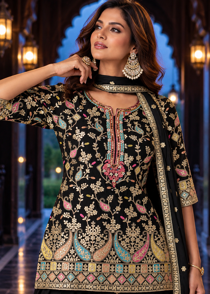 Buy Now Black Multicolor Embroidery Wedding Festive Palazzo Dress Online in US, UK, Canada, Netherlands, Germany, Italy, France, Greece &amp; Worldwide at Empress.