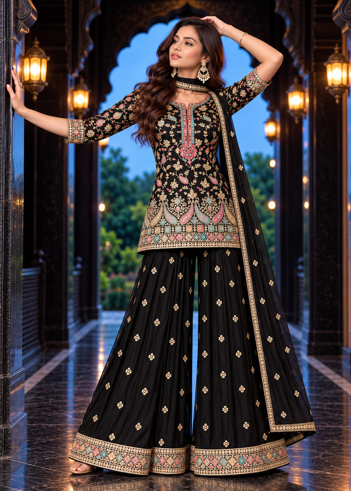 Buy Now Black Multicolor Embroidery Wedding Festive Palazzo Dress Online in US, UK, Canada, Netherlands, Germany, Italy, France, Greece &amp; Worldwide at Empress.