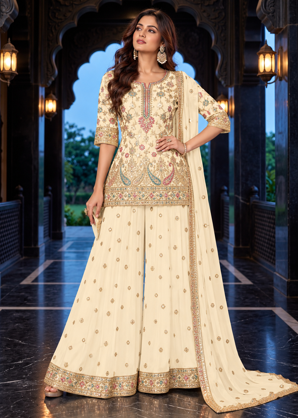 Buy Now Off White Multicolor Embroidery Wedding Festive Palazzo Dress Online in US, UK, Canada, Netherlands, Germany, Italy, France, Greece & Worldwide at Empress.