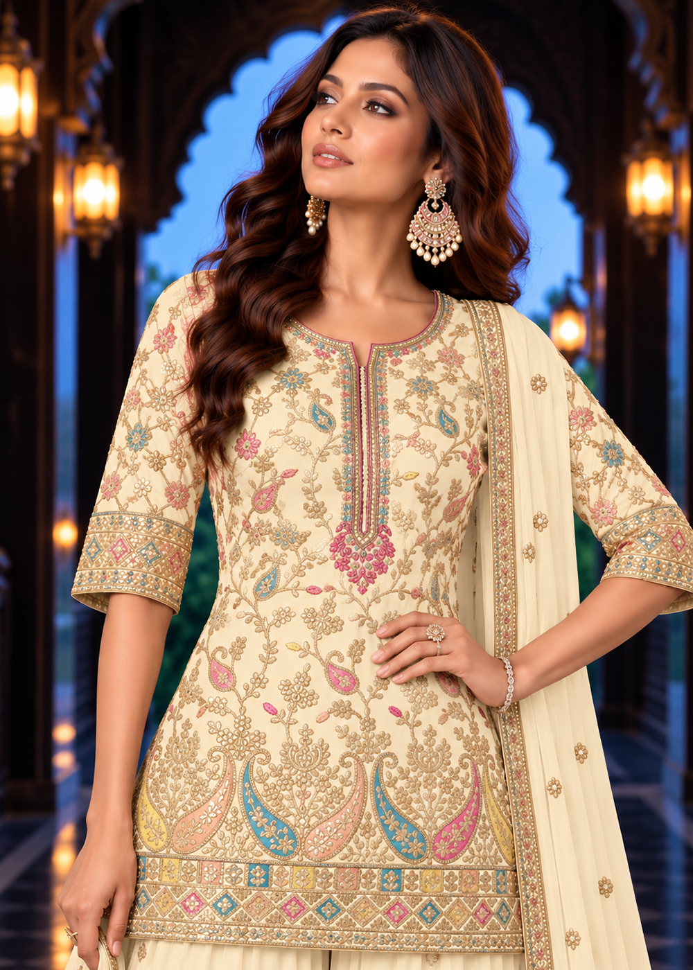 Buy Now Off White Multicolor Embroidery Wedding Festive Palazzo Dress Online in US, UK, Canada, Netherlands, Germany, Italy, France, Greece & Worldwide at Empress.