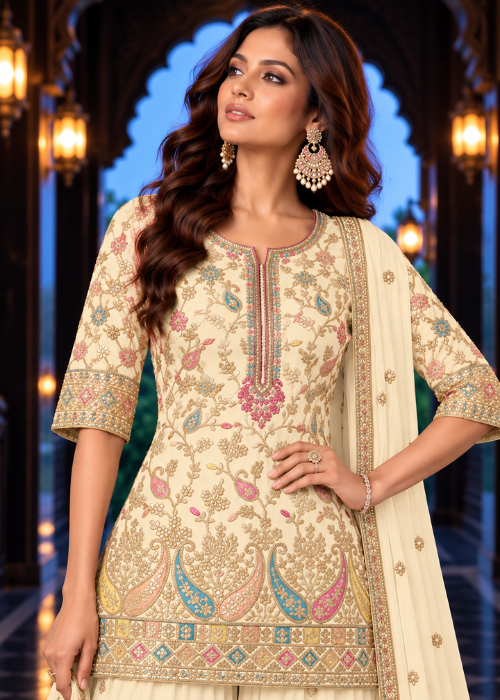 Buy Now Off White Multicolor Embroidery Wedding Festive Palazzo Dress Online in US, UK, Canada, Netherlands, Germany, Italy, France, Greece &amp; Worldwide at Empress.