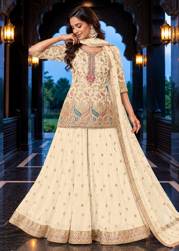 Buy Now Off White Multicolor Embroidery Wedding Festive Palazzo Dress Online in US, UK, Canada, Netherlands, Germany, Italy, France, Greece &amp; Worldwide at Empress.