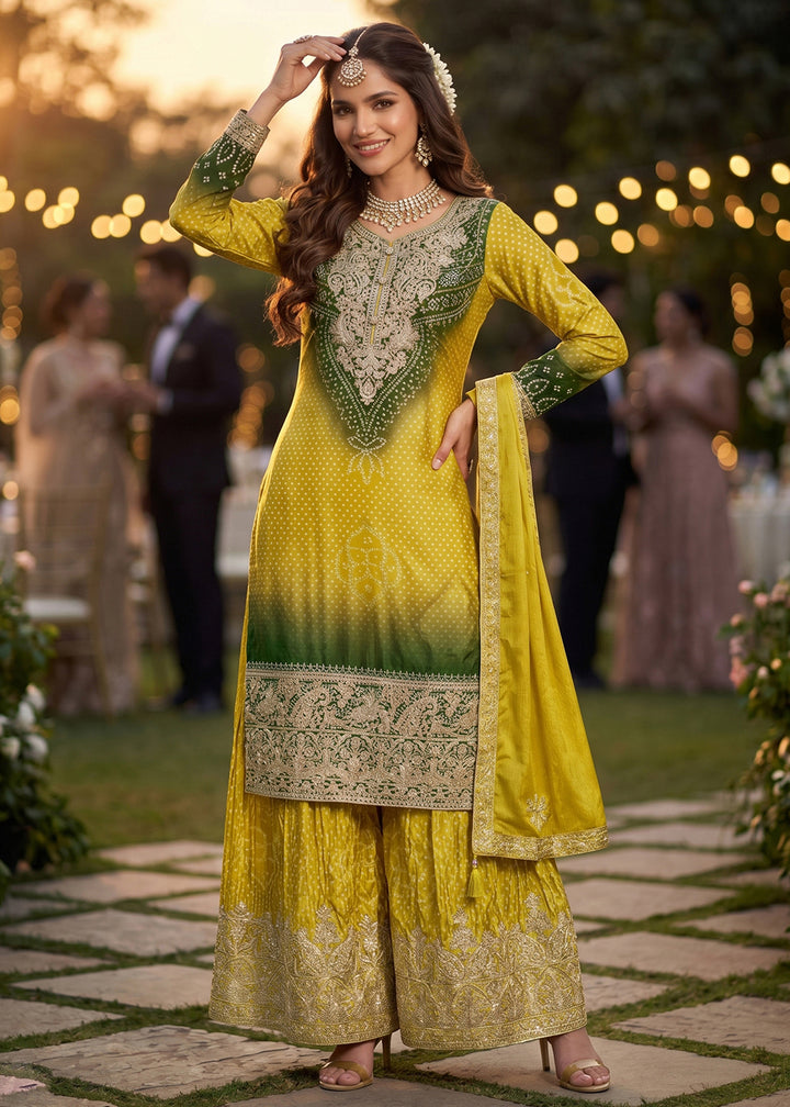 Buy Now Yellow & Green Premium Chinnon Silk Festive Palazzo Suit Online in US, UK, Canada, Netherlands, Germany, Italy, France, Sweden & Worldwide at Empress.
