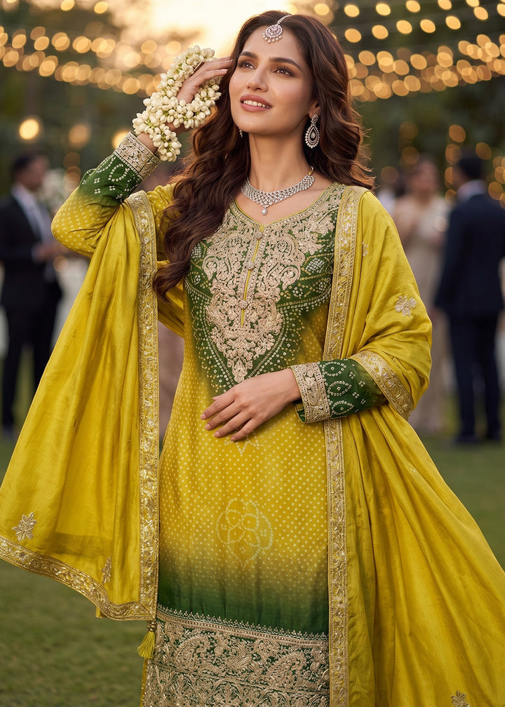 Buy Now Yellow & Green Premium Chinnon Silk Festive Palazzo Suit Online in US, UK, Canada, Netherlands, Germany, Italy, France, Sweden & Worldwide at Empress.
