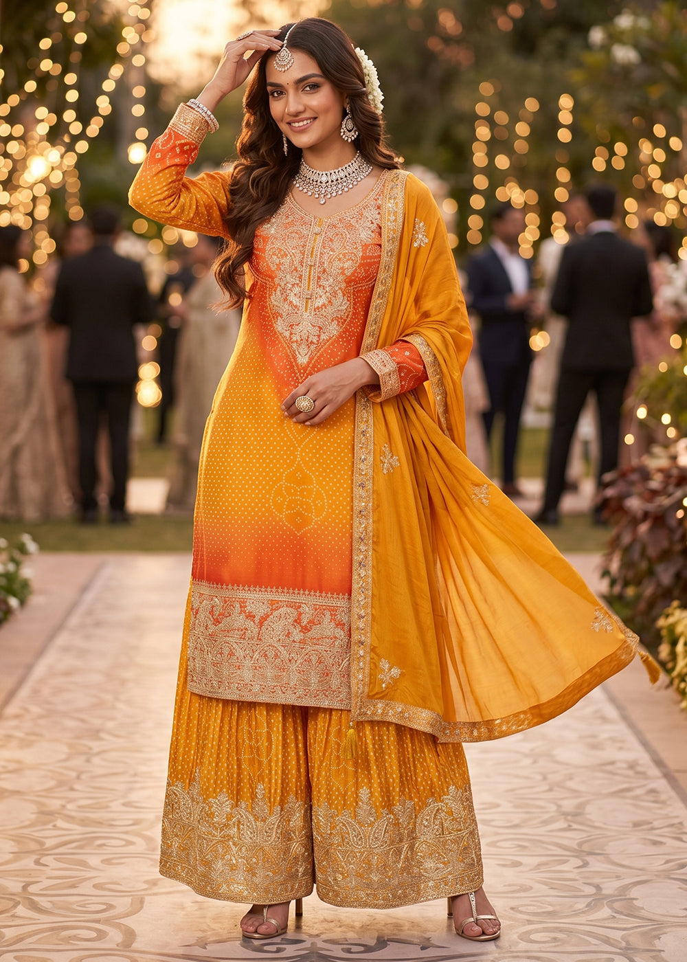 Buy Now Yellow & Orange Premium Chinnon Silk Festive Palazzo Suit Online in US, UK, Canada, Netherlands, Germany, Italy, France, Sweden & Worldwide at Empress.