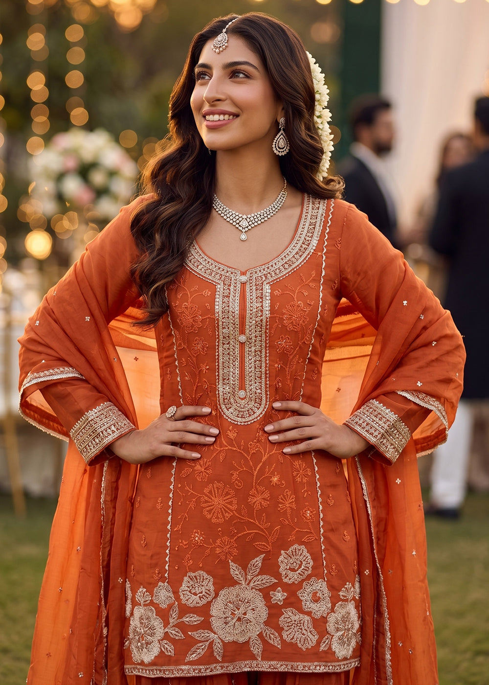 Buy Now Orange Heavy Beads Embroidered Silk Salwar Suit Online in US, UK, Canada, Netherlands, Germany, Italy, France, Sweden, Denmark & Worldwide at Empress.