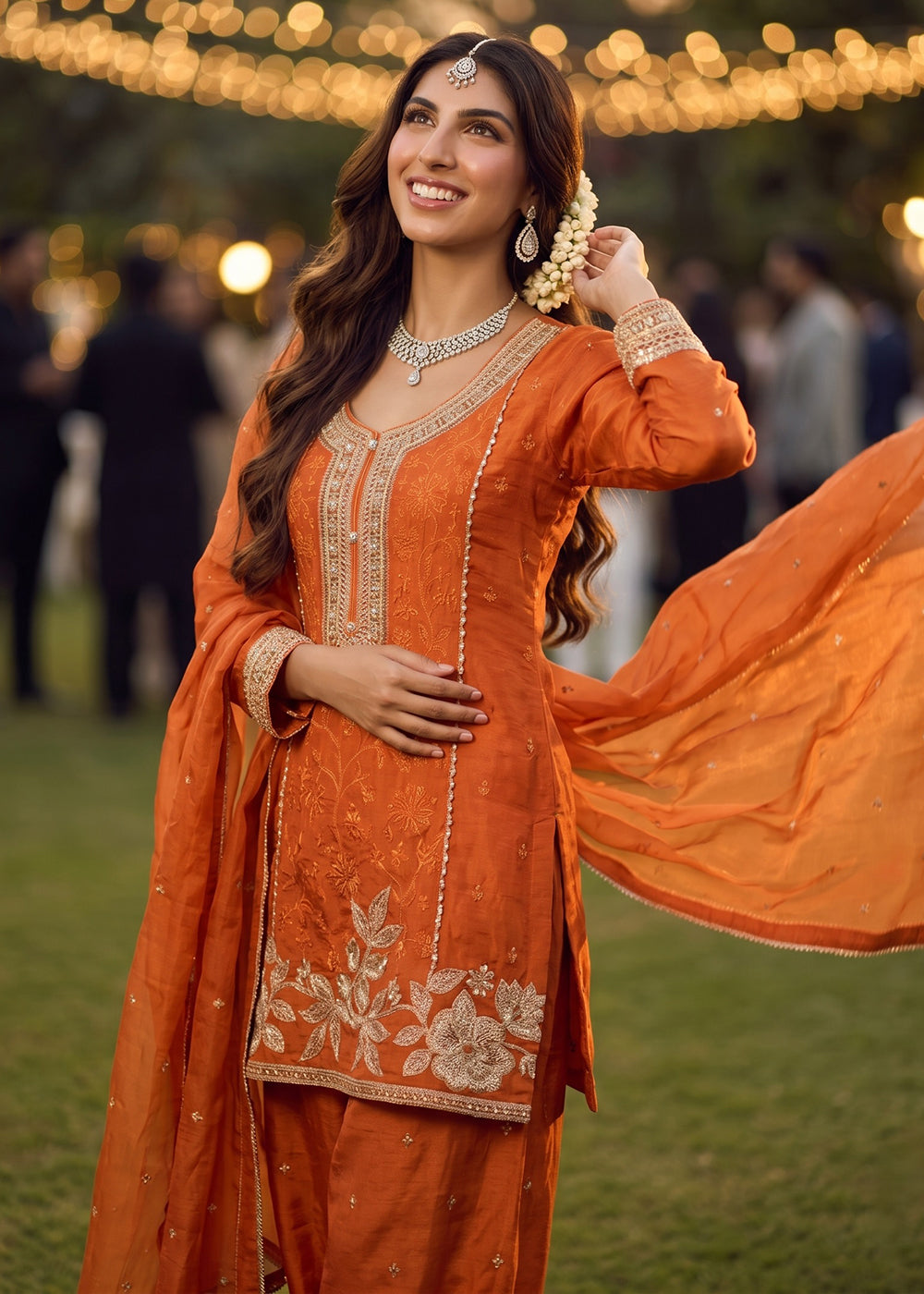 Buy Now Orange Heavy Beads Embroidered Silk Salwar Suit Online in US, UK, Canada, Netherlands, Germany, Italy, France, Sweden, Denmark & Worldwide at Empress.
