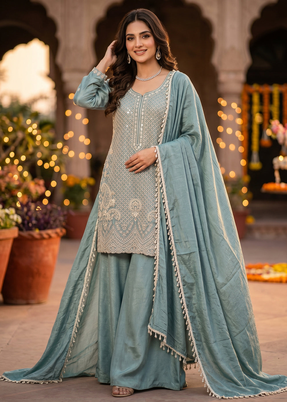 Buy Now Steel Blue Beads & Sequins Embroidered Palazzo Style Suit Online in US, UK, Canada, Netherlands, Germany, Italy, France, Sweden & Worldwide at Empress.