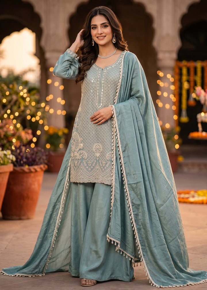 Buy Now Steel Blue Beads & Sequins Embroidered Palazzo Style Suit Online in US, UK, Canada, Netherlands, Germany, Italy, France, Sweden & Worldwide at Empress.
