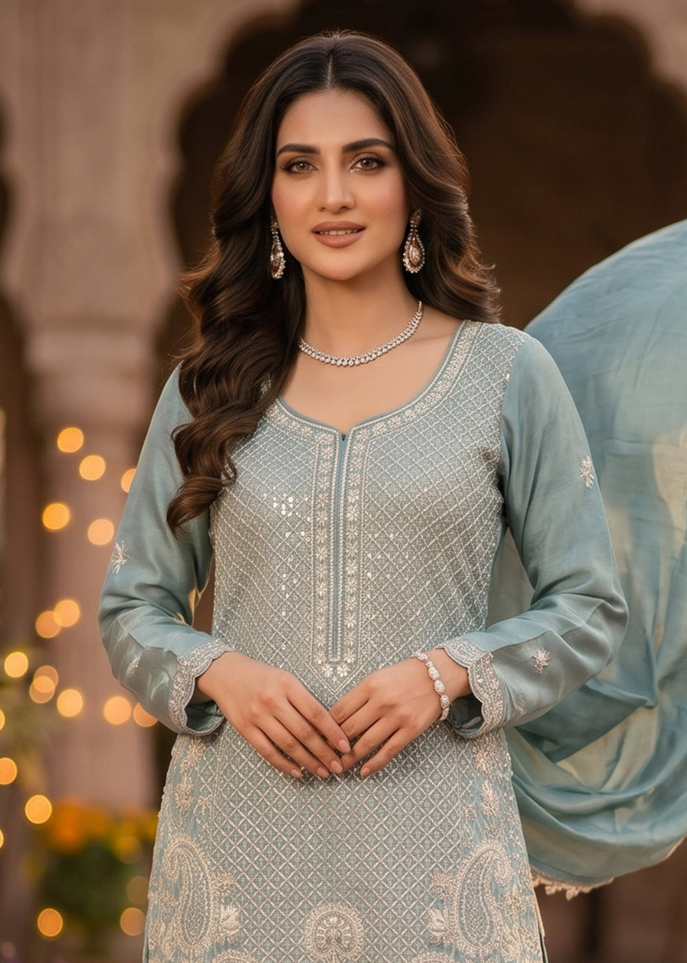 Buy Now Steel Blue Beads & Sequins Embroidered Palazzo Style Suit Online in US, UK, Canada, Netherlands, Germany, Italy, France, Sweden & Worldwide at Empress.
